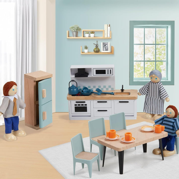 36Pcs Wooden Dollhouse Furniture Set 5 Rooms with 4 Family Dolls, Wood and Plastic Blue Dollhouse Accessories, Pretend Play Furniture Toys Christmas Birthday Gift for Boys Girls & Kids Toddlers 3Y+