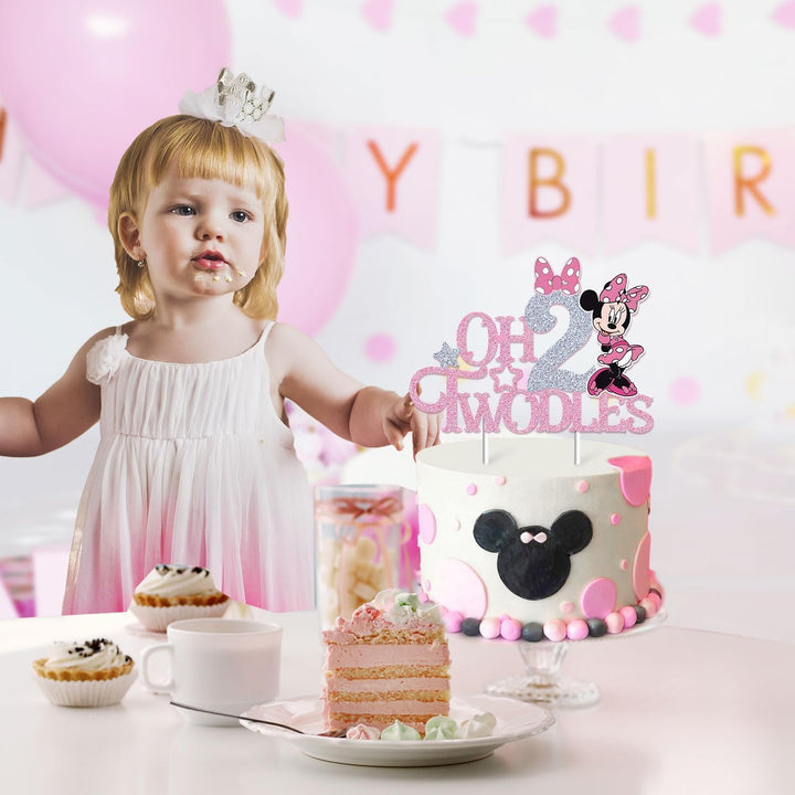 Mouse Oh Twodles Cake Topper for Girls, Pink Glitter Mouse Second 2Nd Birthday Cake Topper with Pink Bows for Girls Birthday Party Decorations Supplies, Silver&Pink