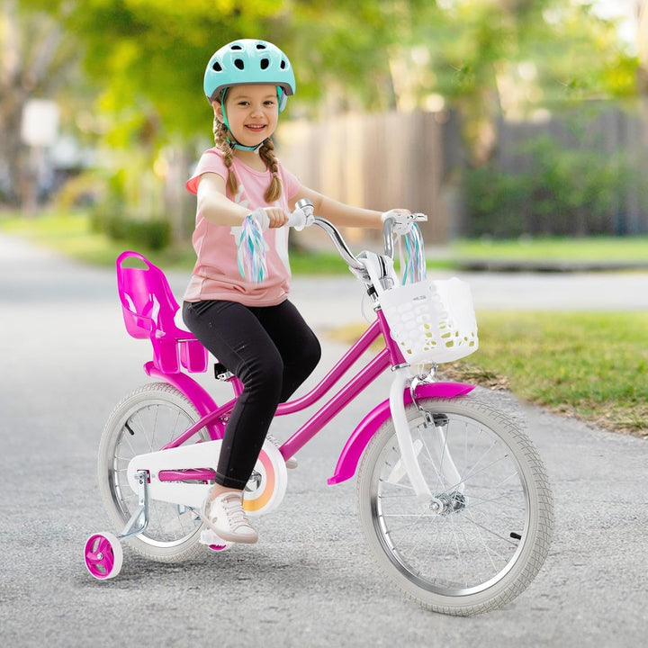 Kids Bike, 12 14 16 18 Inch Girls Bike W/Training Wheels, Doll Seat, Streamers, Handbrake & Coaster Brake, Fully Enclosed Chain, Princess Style Children Bicycle, Gift for Girls 3-8