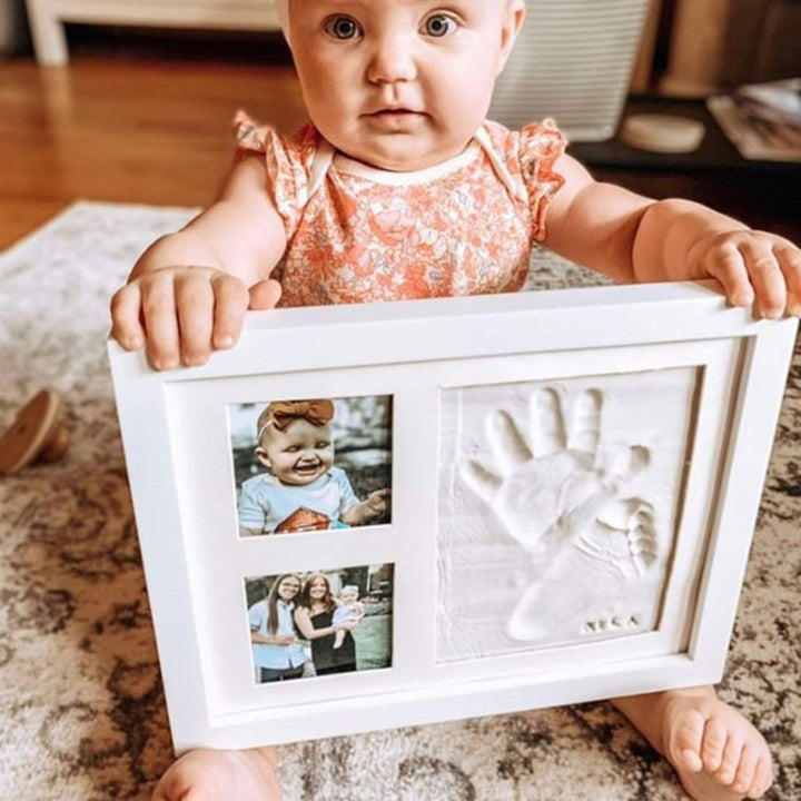 Baby Handprint & Footprint Kit (Date & Name Stamp) Clay Hand Print Picture Frame for Newborn - Best New Mom Gift - Foot Impression Photo Keepsake for Girl & Boy - White Feet Imprint Mold