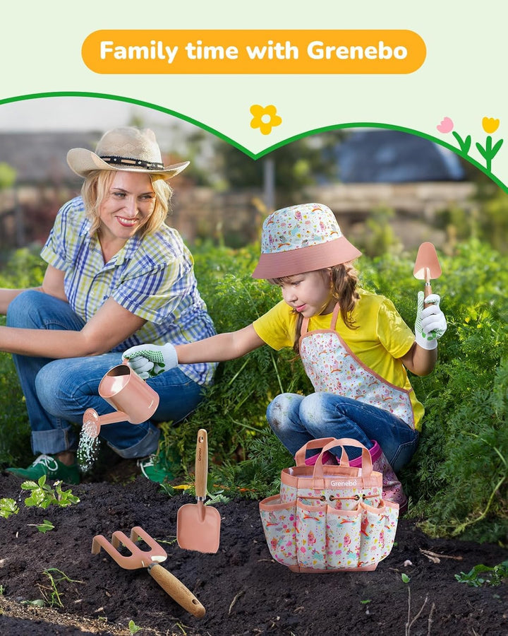 Kids Gardening Set Toys, Quality Garden Tool Kit for Kids and Toddlers, Includes Two Shovels, Garden Hat,Rake, Apron,Gloves, Watering Can, and Tool Bag (Pink)