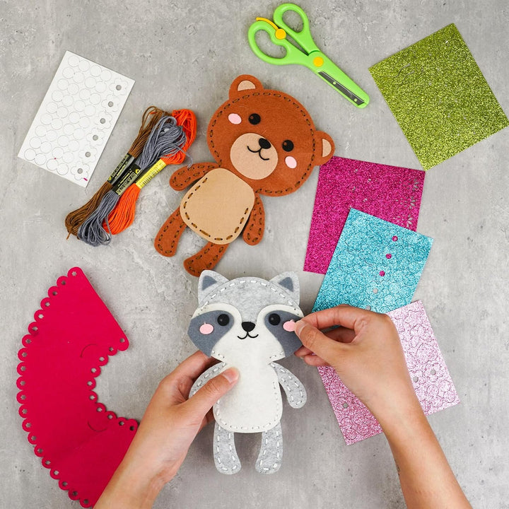 Kid Sewing Craft Kit to Make a Friend for Beginner Felt Craft Learn to Sew, Panda Fox Bunny Raccoon Bear 5 Animals
