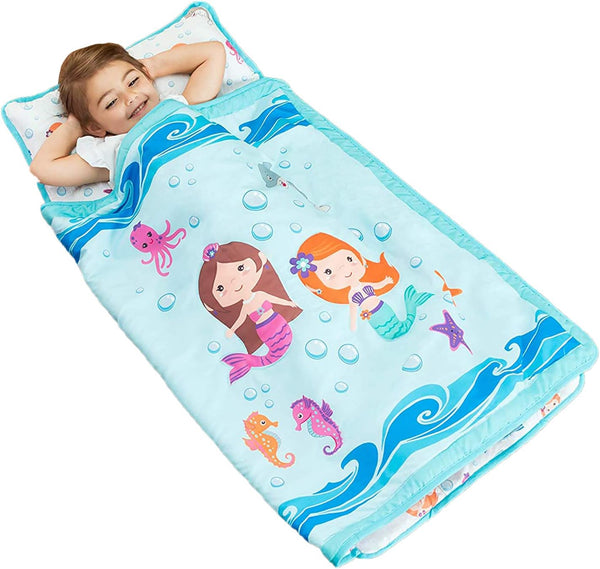 Toddler Nap Mat with Removable Pillow -Underwater Mermaids- Carry Handle with Fastening Straps Closure, Rollup Design, Soft Microfiber for Preschool, Daycare Sleeping Bag, Ages 2-6 Years
