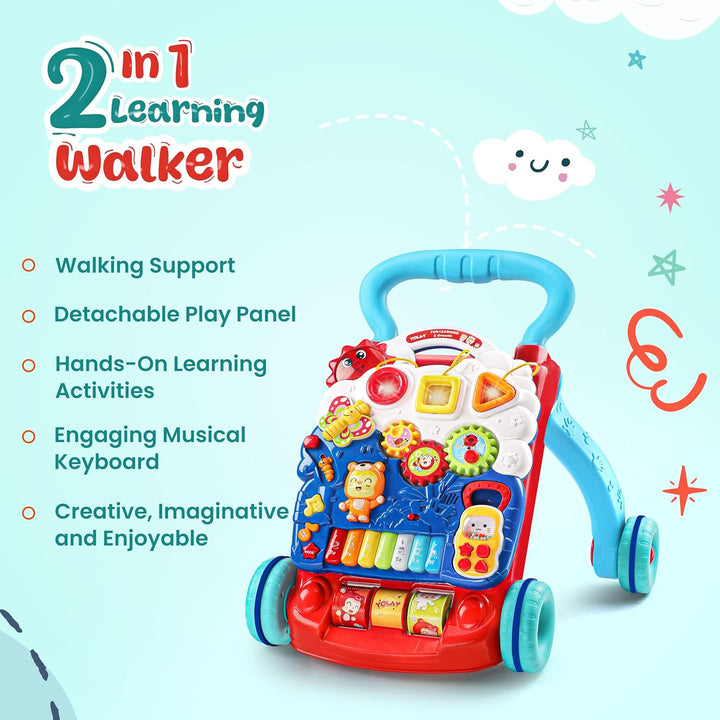 Baby Walker Push with Wheels, Sit-To-Stand Walker for Baby Boy and Girl 6-12 Months with Detachable Play Panel, Stable Handle, Early Learning Activity for Kids - Blue